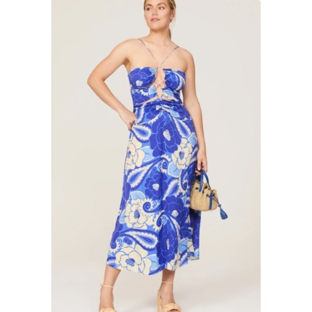 Farm Rio Blue Floral Cutout Halter Maxi Dress Tropical Print Boho Sleeveless | M - Picture 5 of 13